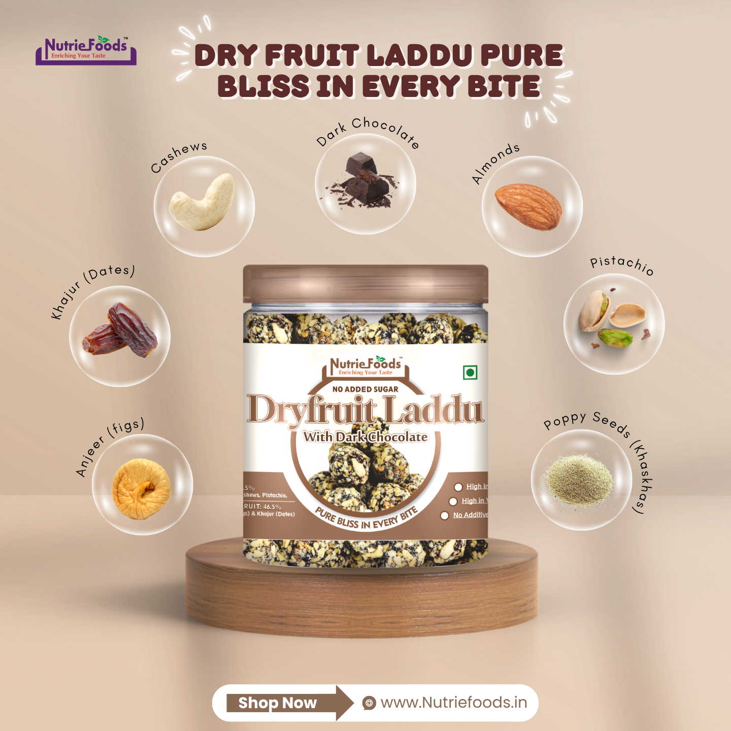 Nutriefoods Dry Fruit Laddu With Anjeer (Figs) And Khajur(Dates) | No Added Sugar (250Gm)