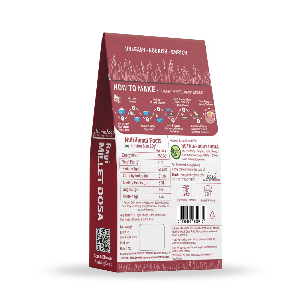 Instant Ragi Millet Dosa Mix, 0% Maida, 0% Besan, Made with Pure Millets, Kid Friendly (Pack of 1 - 200gm)