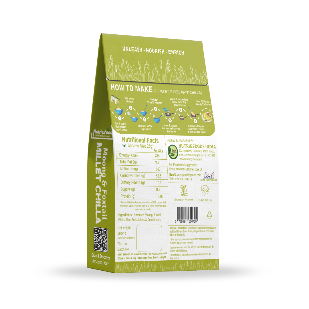 Instant Sprouted Moong and Foxtail Millet Chiila Mix, 0% Maida, 0% Besan, Made with Pure Millets, Kid Friendly (Pack of 1 - 150gm)