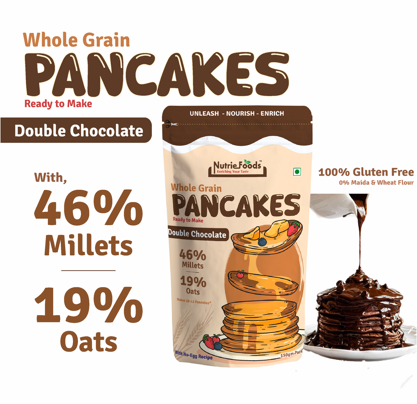 Nutriefoods Millet Pancakes Mix, 0% Maida, Contains Millets (46%)- Jawar, Amaranath and Foxtail; Oats (19%), Gluten Free, Double Chocolate (150gm)