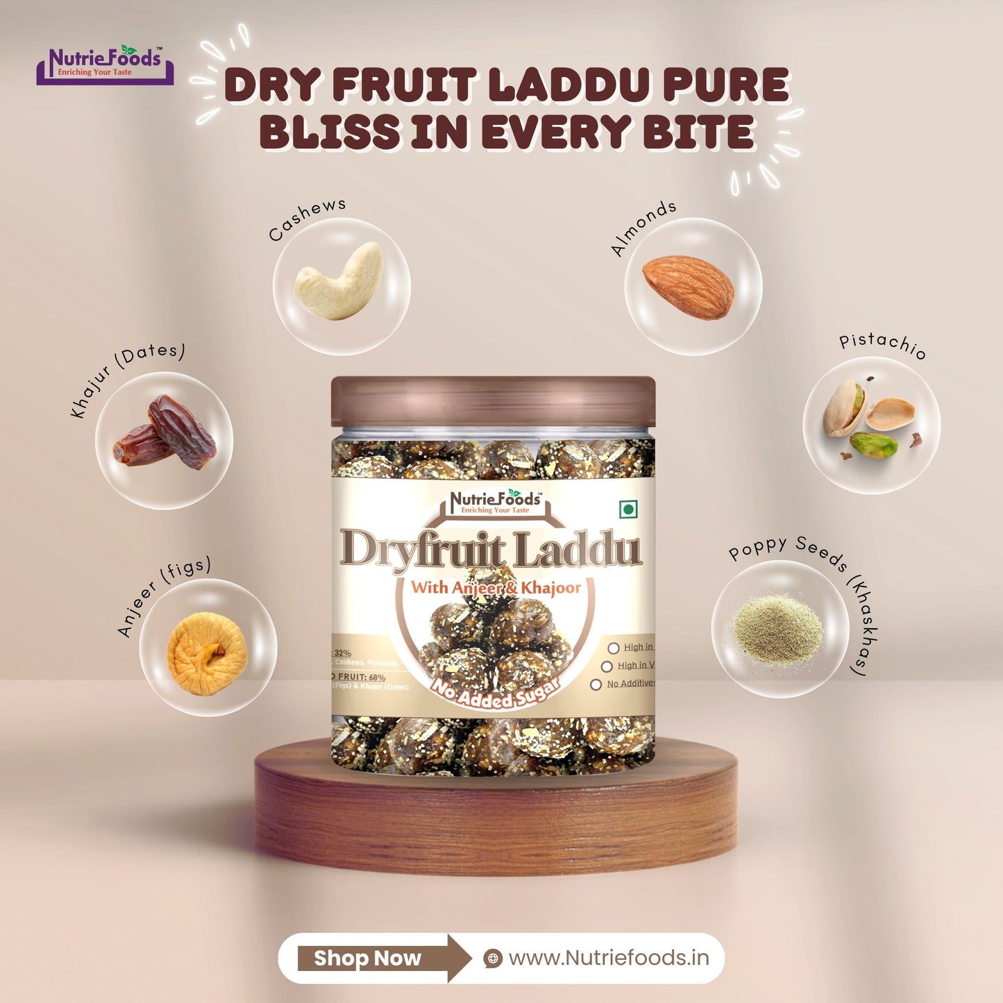 Nutriefoods Dry Fruit Laddu With Anjeer (Figs) And Khajur(Dates) | No Added Sugar (250Gm)