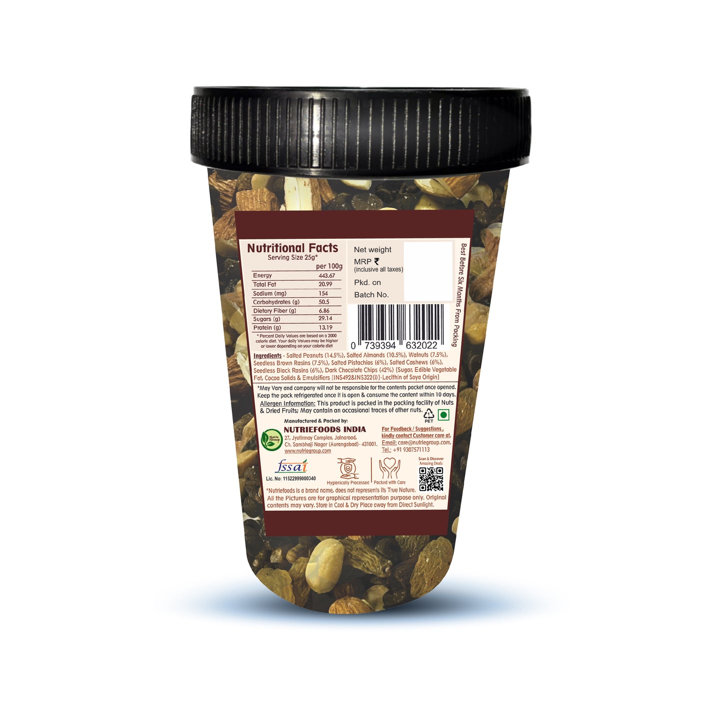 Nutriefoods Nutritious Mind Booster Roasted Snack Trail Mix With Dark Chocolate Chunks | Blend of Dried Fruits & Nuts (190gm)