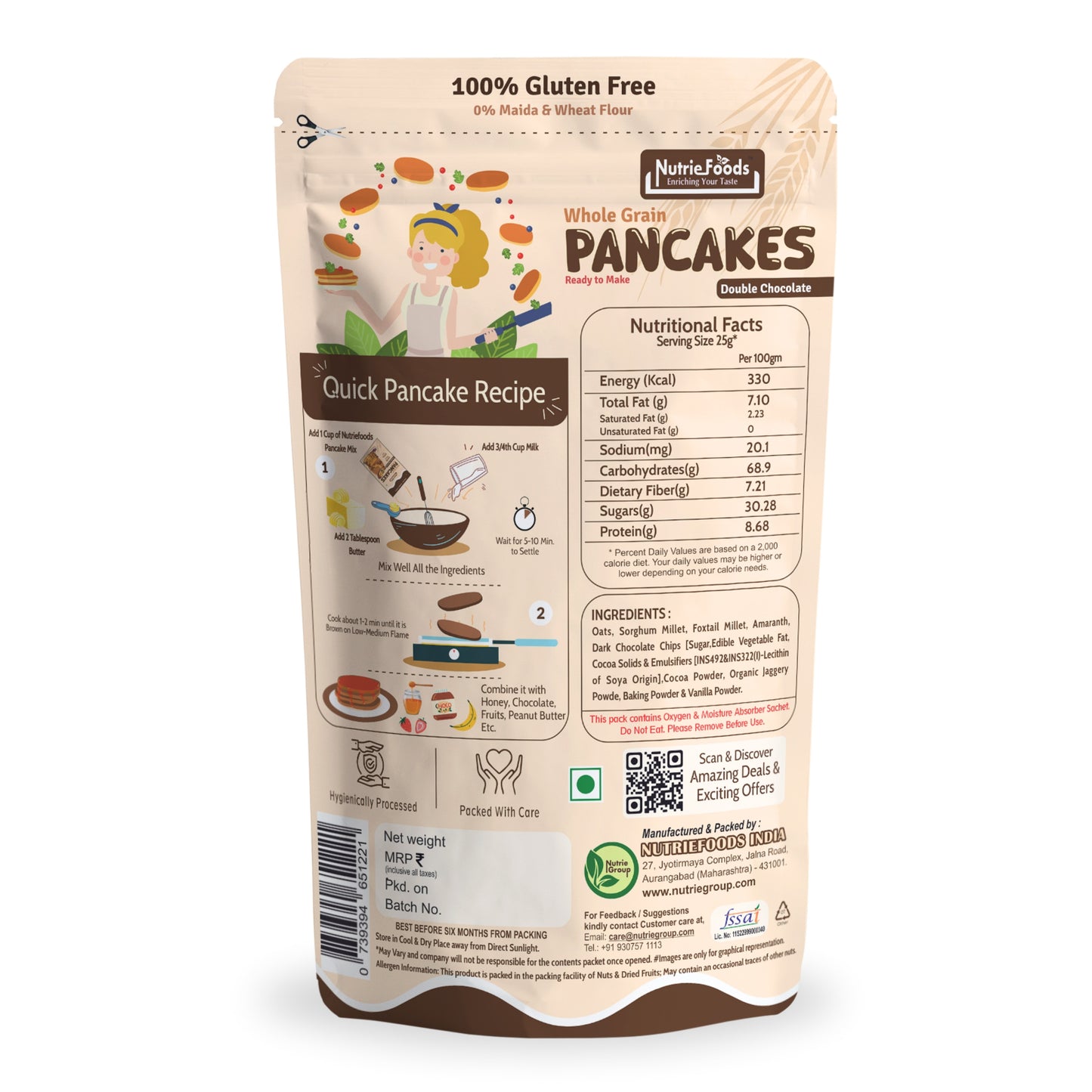 Nutriefoods Millet Pancakes Mix, 0% Maida, Contains Millets (46%)- Jawar, Amaranath and Foxtail; Oats (19%), Gluten Free, Double Chocolate (150gm)