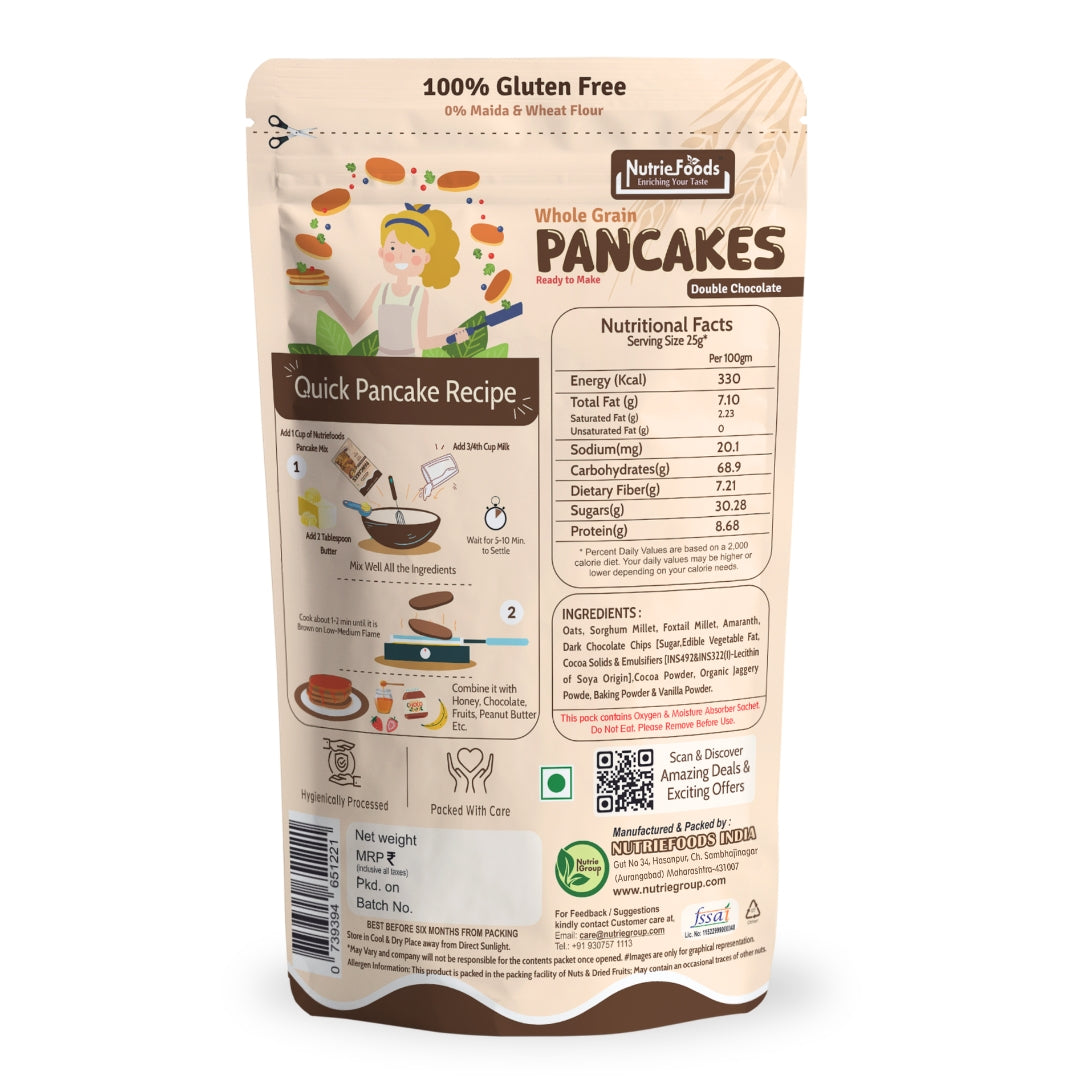 Nutriefoods Millet Pancakes Mix, 0% Maida, Contains Millets (46%)- Jawar, Amaranath and Foxtail; Oats (19%), Gluten Free, Double Chocolate (150gm)