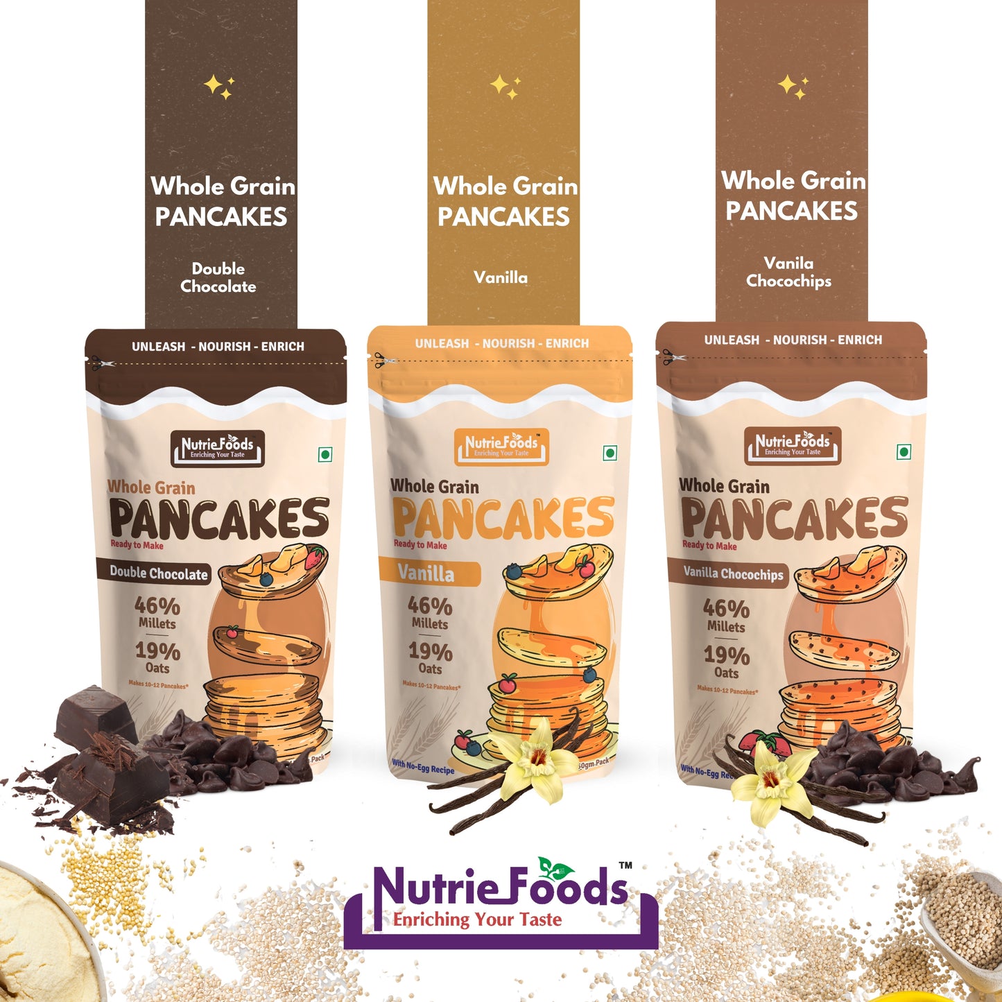 Nutriefoods Millet Pancakes Mix, 0% Maida, Contains Millets (46%)- Jawar, Amaranath and Foxtail; Oats (19%), Gluten Free, Vanilla and Chocochips (150gm)
