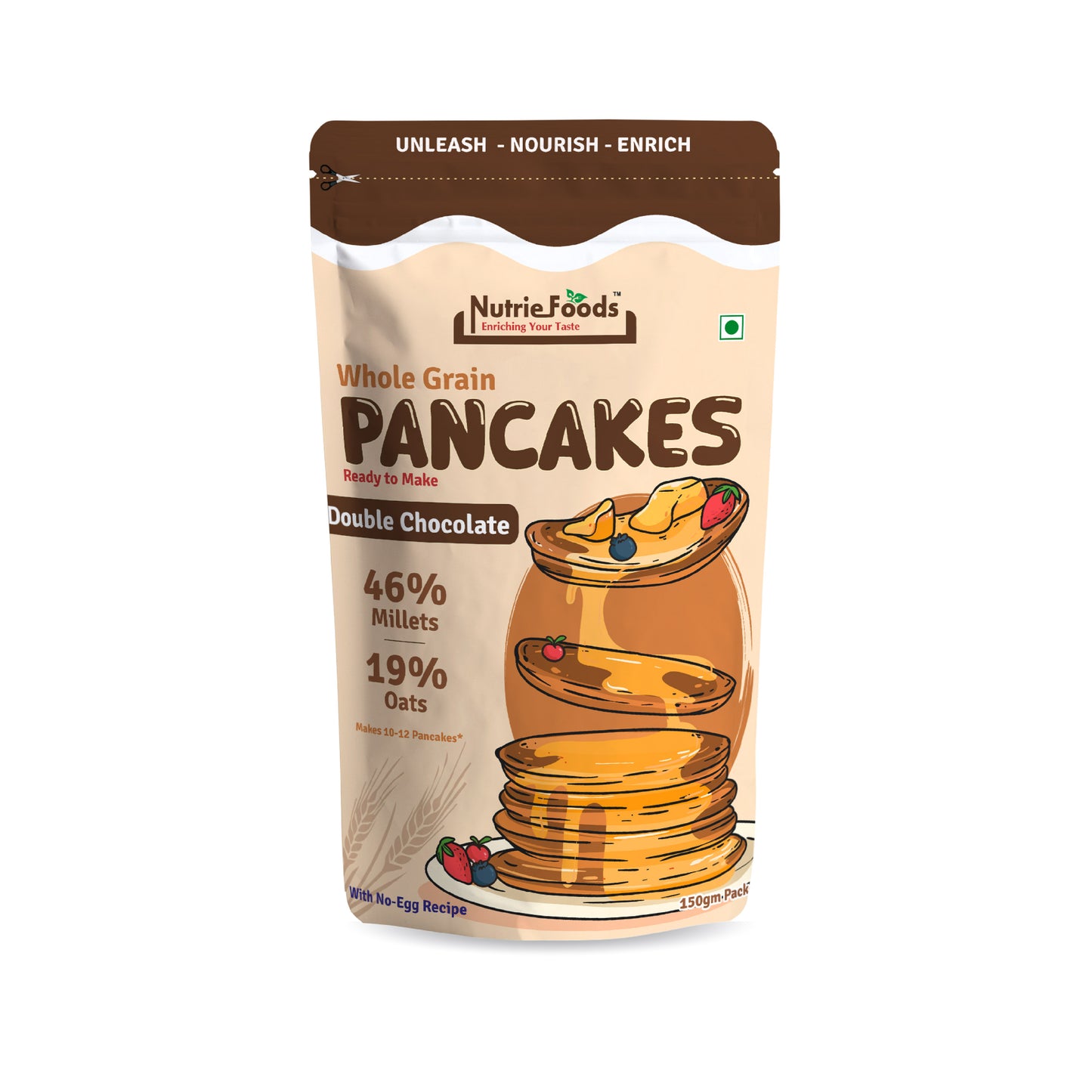 Nutriefoods Millet Pancakes Mix, 0% Maida, Contains Millets (46%)- Jawar, Amaranath and Foxtail; Oats (19%), Gluten Free, Double Chocolate (150gm)