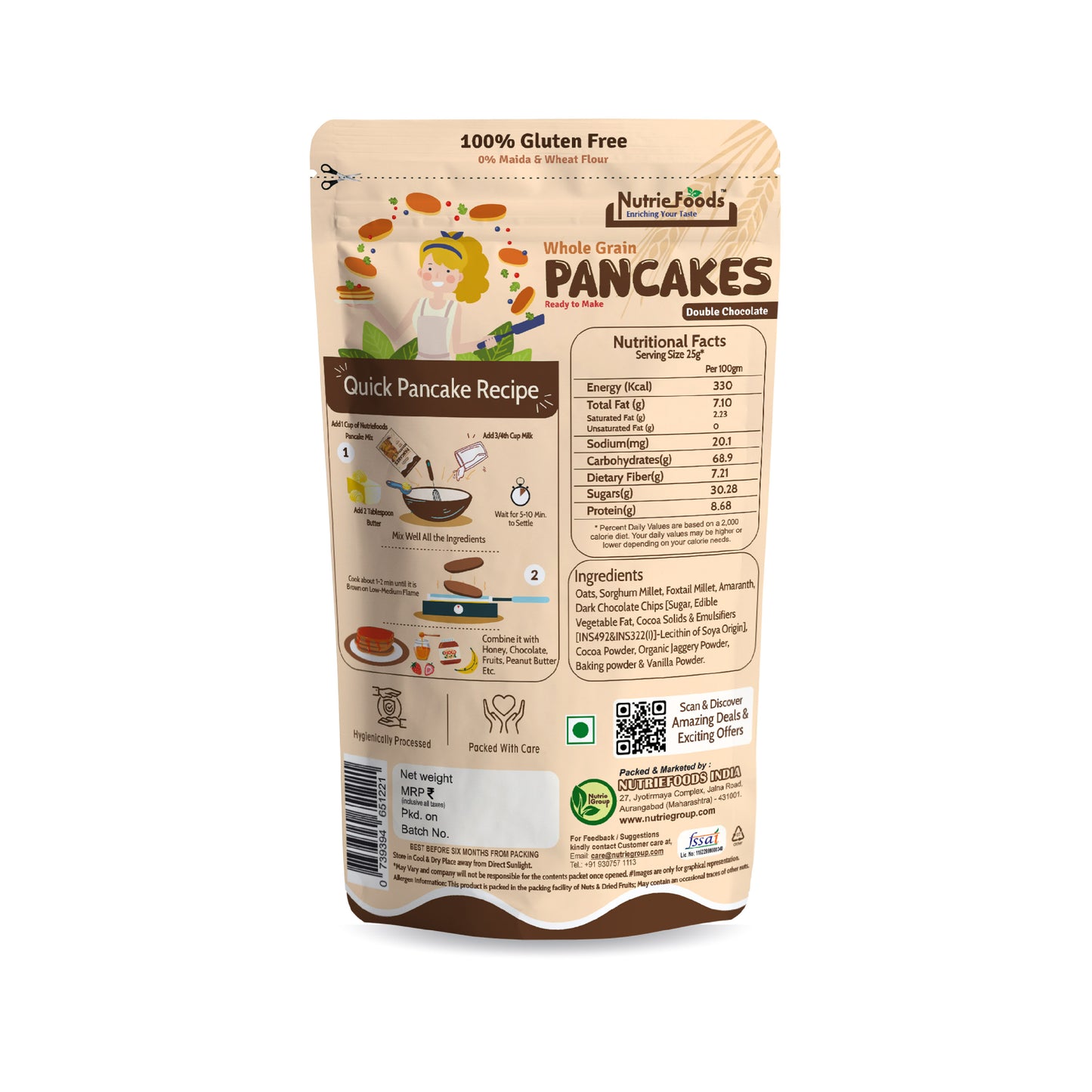 Nutriefoods Millet Pancakes Mix, 0% Maida, Contains Millets (46%)- Jawar, Amaranath and Foxtail; Oats (19%), Gluten Free, Double Chocolate (150gm)