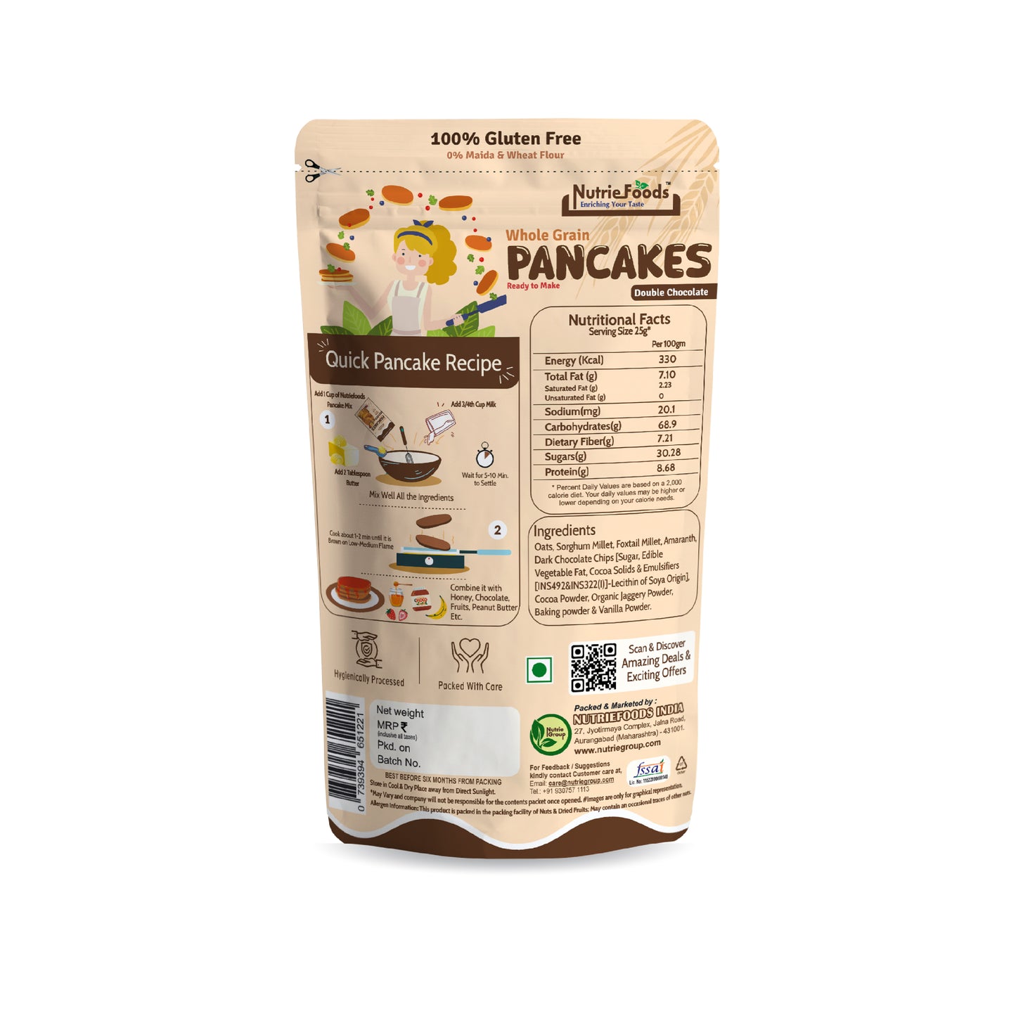 Nutriefoods Millet Pancakes Mix, 0% Maida, Contains Millets (46%)- Jawar, Amaranath and Foxtail; Oats (19%), Gluten Free, Double Chocolate (150gm)