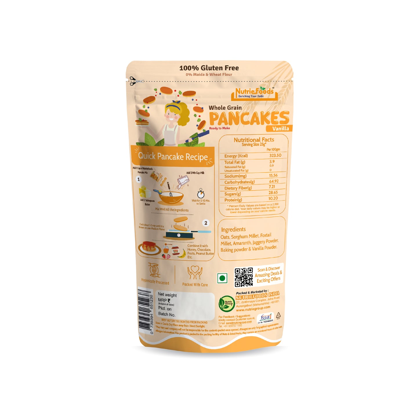 Nutriefoods Millet Pancakes Mix, 0% Maida, Contains Millets (46%)- Jawar, Amaranath and Foxtail; Oats (19%), Gluten Free, Vanilla (150gm)
