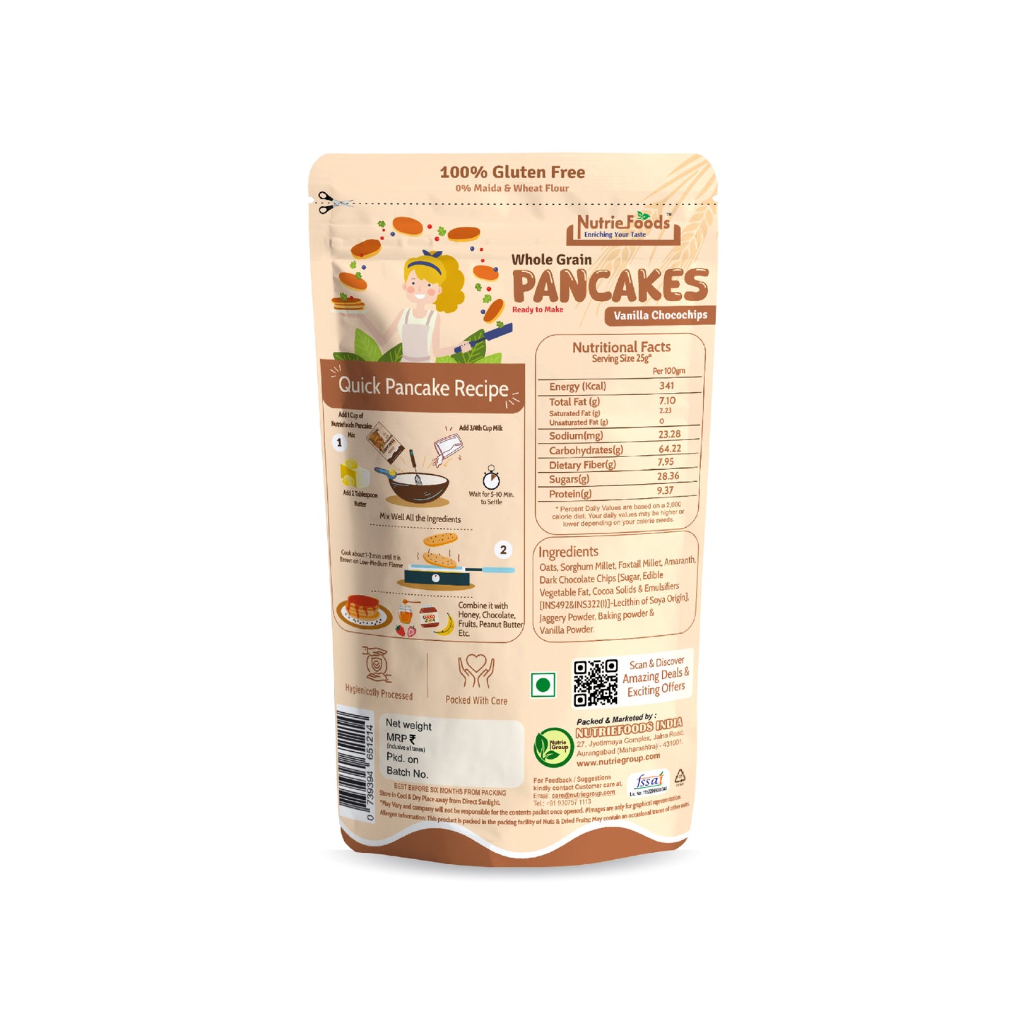 Nutriefoods Millet Pancakes Mix, 0% Maida, Contains Millets (46%)- Jawar, Amaranath and Foxtail; Oats (19%), Gluten Free, Vanilla and Chocochips (150gm)