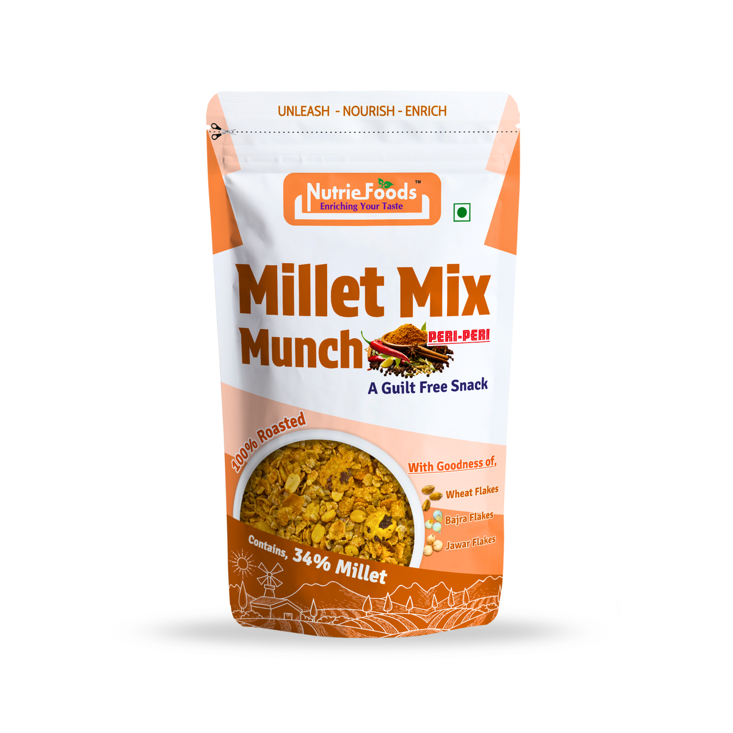 Millet Mix Munch- Peri Peri , Blend of Jowar, Wheat, and Bajra Flakes (100gm)