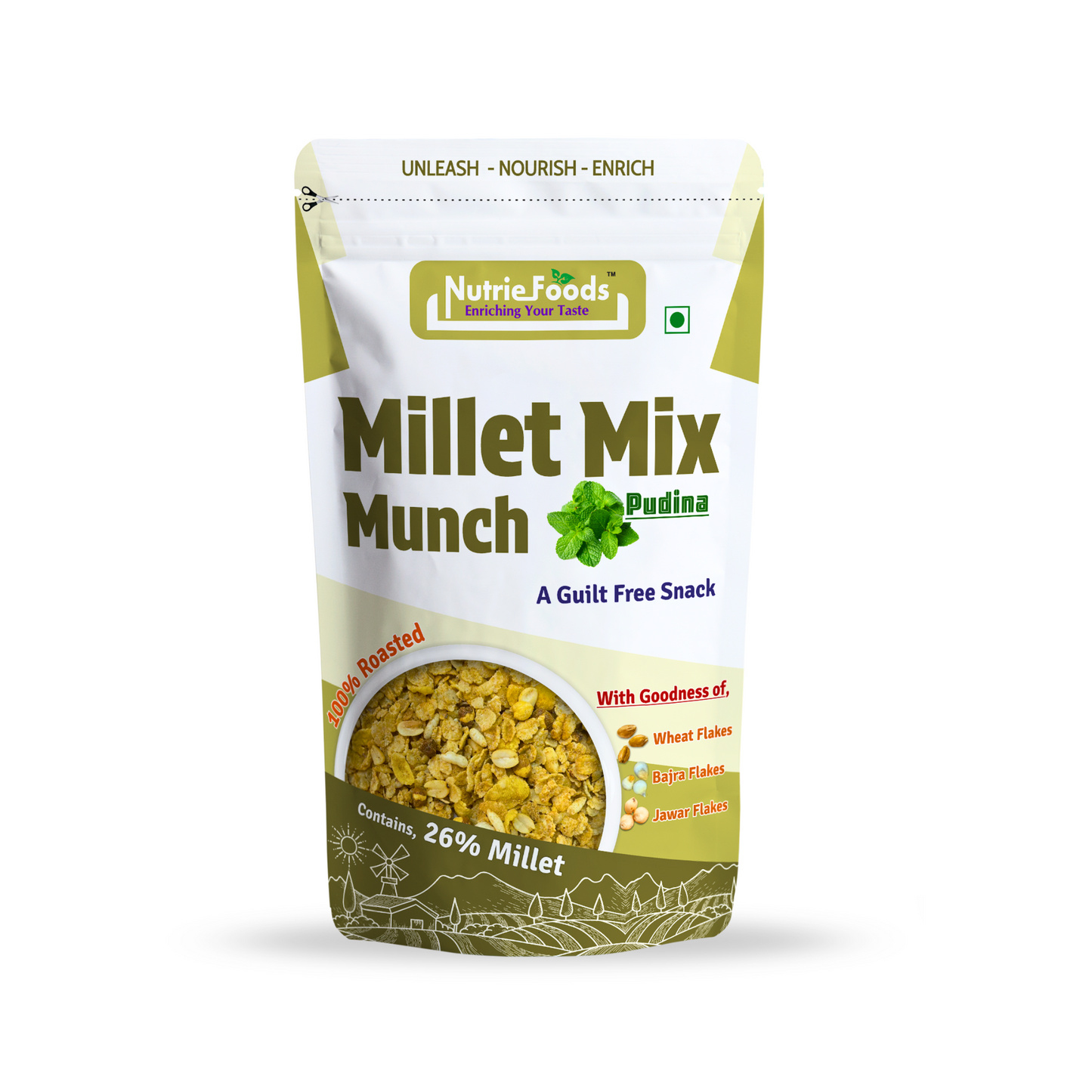 Millet Mix Munch- Pudina, Blend of Jowar, Wheat, and Bajra Flakes (100gm)