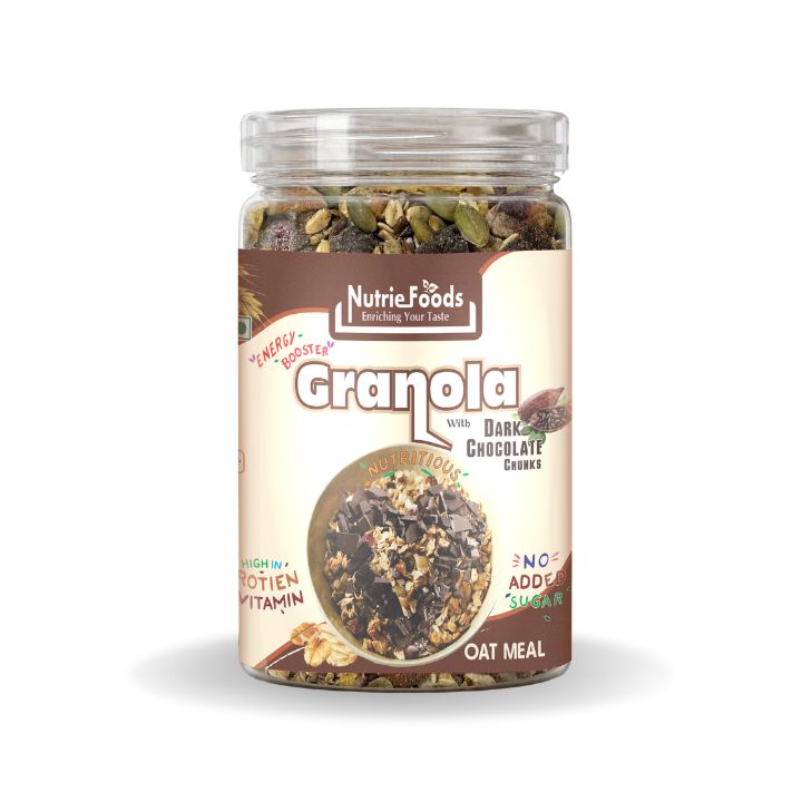 Nutriefoods Energy Booster Oat Meal (Granola) with No Added Sugar Dark Chocolate | Blend of Oats, Berries, Dried Fruits, Nuts, and Seeds (400gm)