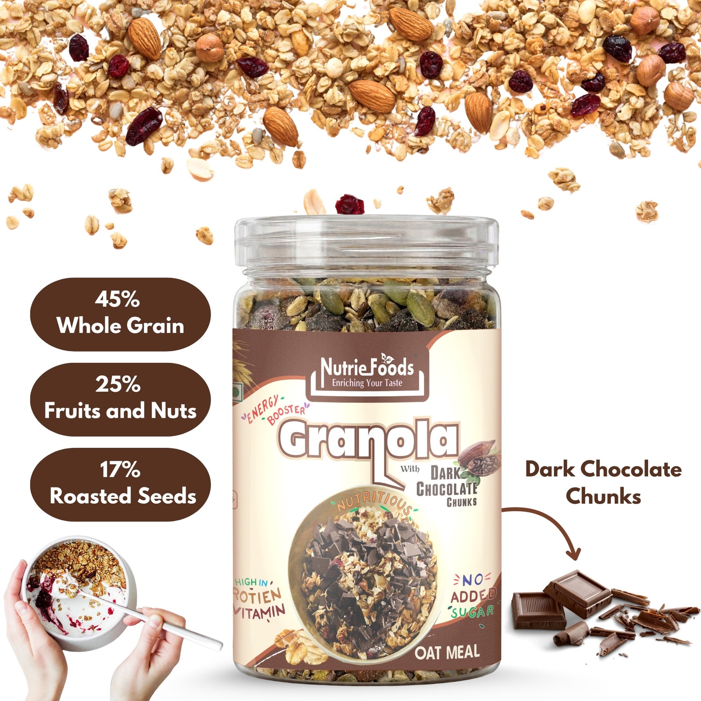 Nutriefoods Energy Booster Oat Meal (Granola) with No Added Sugar Dark Chocolate | Blend of Oats, Berries, Dried Fruits, Nuts, and Seeds (400gm)