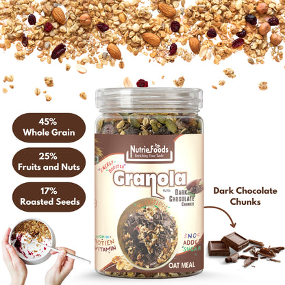 Nutriefoods Energy Booster Oat Meal (Granola) with No Added Sugar Dark Chocolate | Blend of Oats, Berries, Dried Fruits, Nuts, and Seeds (400gm)