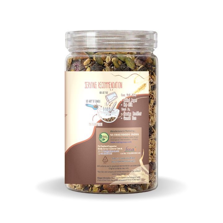 Nutriefoods Energy Booster Oat Meal (Granola) with No Added Sugar Dark Chocolate | Blend of Oats, Berries, Dried Fruits, Nuts, and Seeds (400gm)
