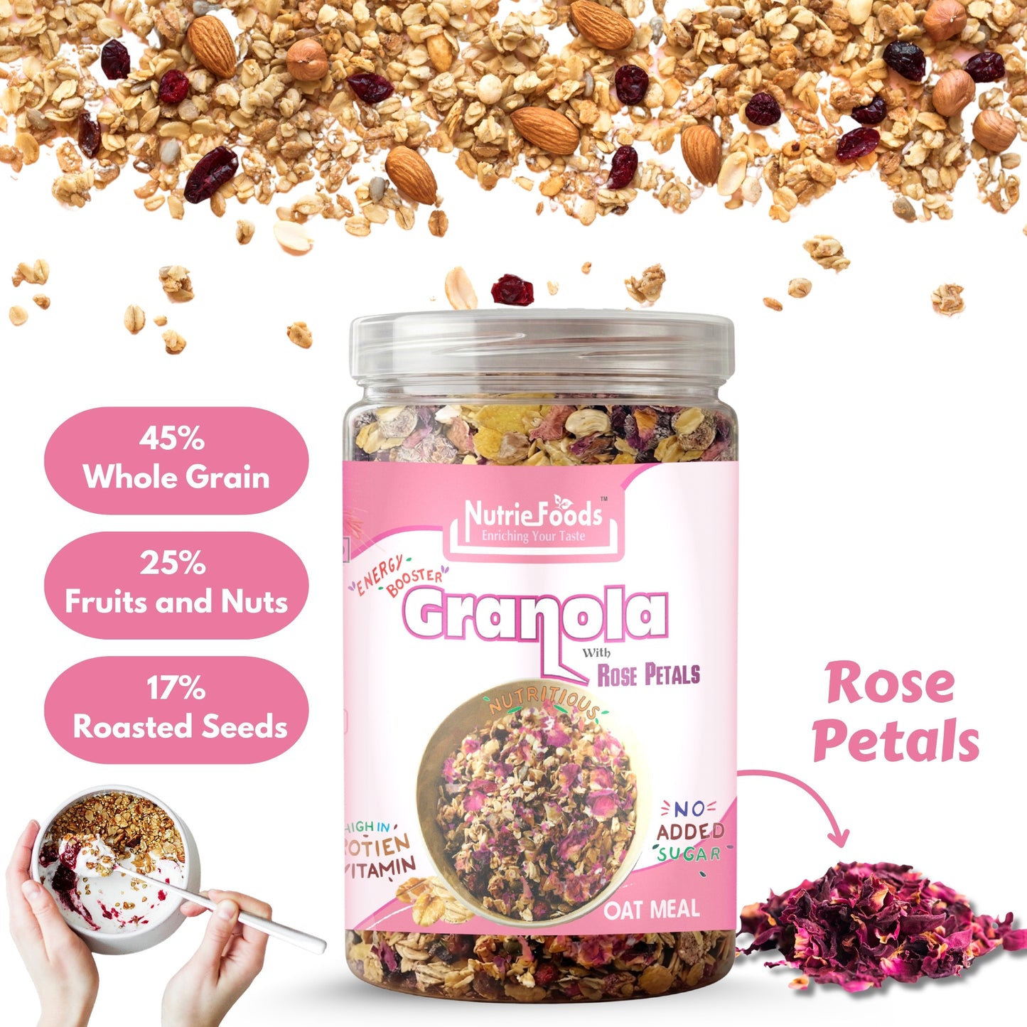 Nutriefoods Energy Booster Oat Meal (Granola) with Rose Petals | Blend of Oats, Berries, Dried Fruits, Nuts, and Seeds (400gm)