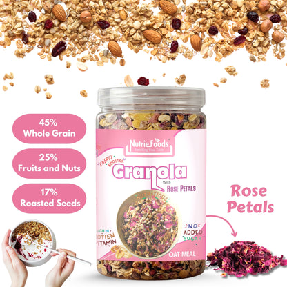 Nutriefoods Energy Booster Oat Meal (Granola) with Rose Petals | Blend of Oats, Berries, Dried Fruits, Nuts, and Seeds (400gm)