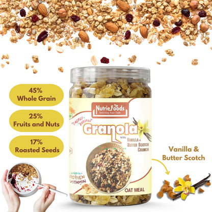 Nutriefoods Energy Booster Oat Meal (Granola) with Vanilla and Butterscotch Crunch | Blend of Oats, Berries, Dried Fruits, Nuts, and Seeds (400gm)