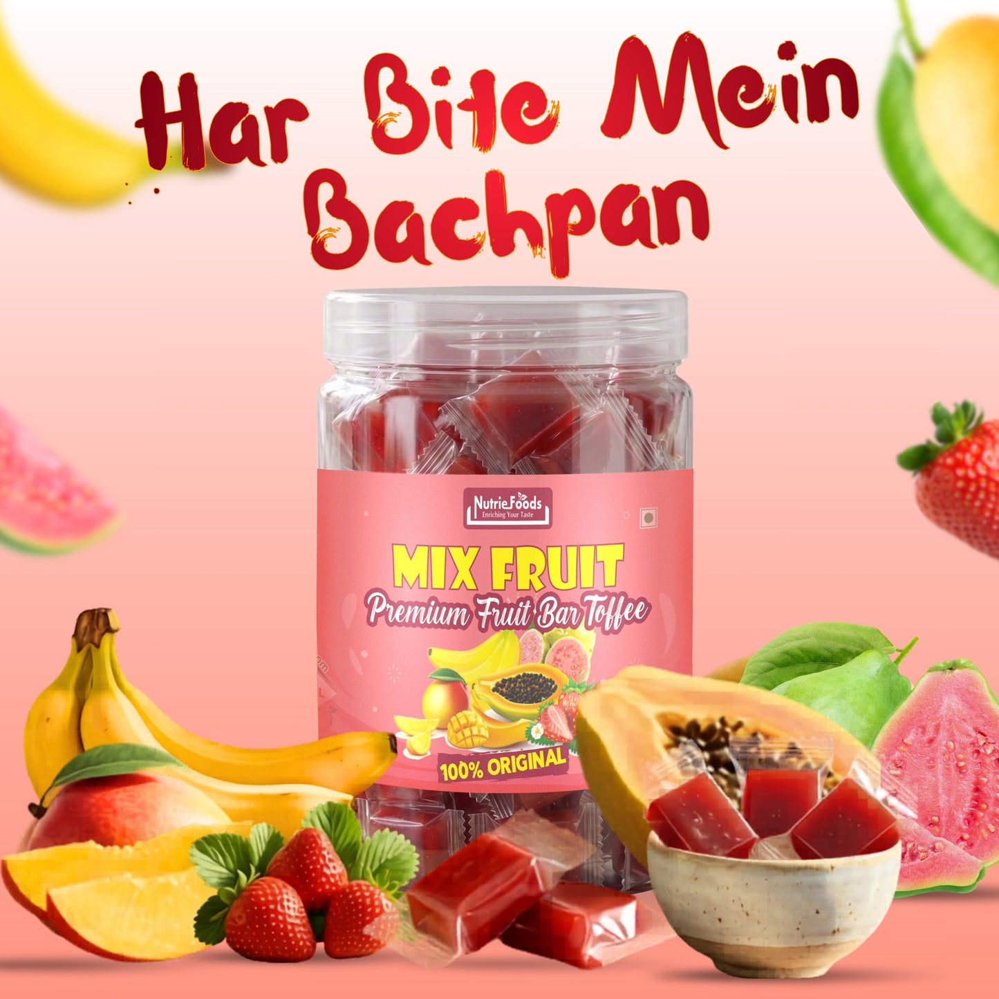 Nutriefoods Mix Fruit Toffee | 100% Fruit Pulp Candy | Blend of Mango, Banana, Guava, Papaya and Strawberry Fruit Pulp