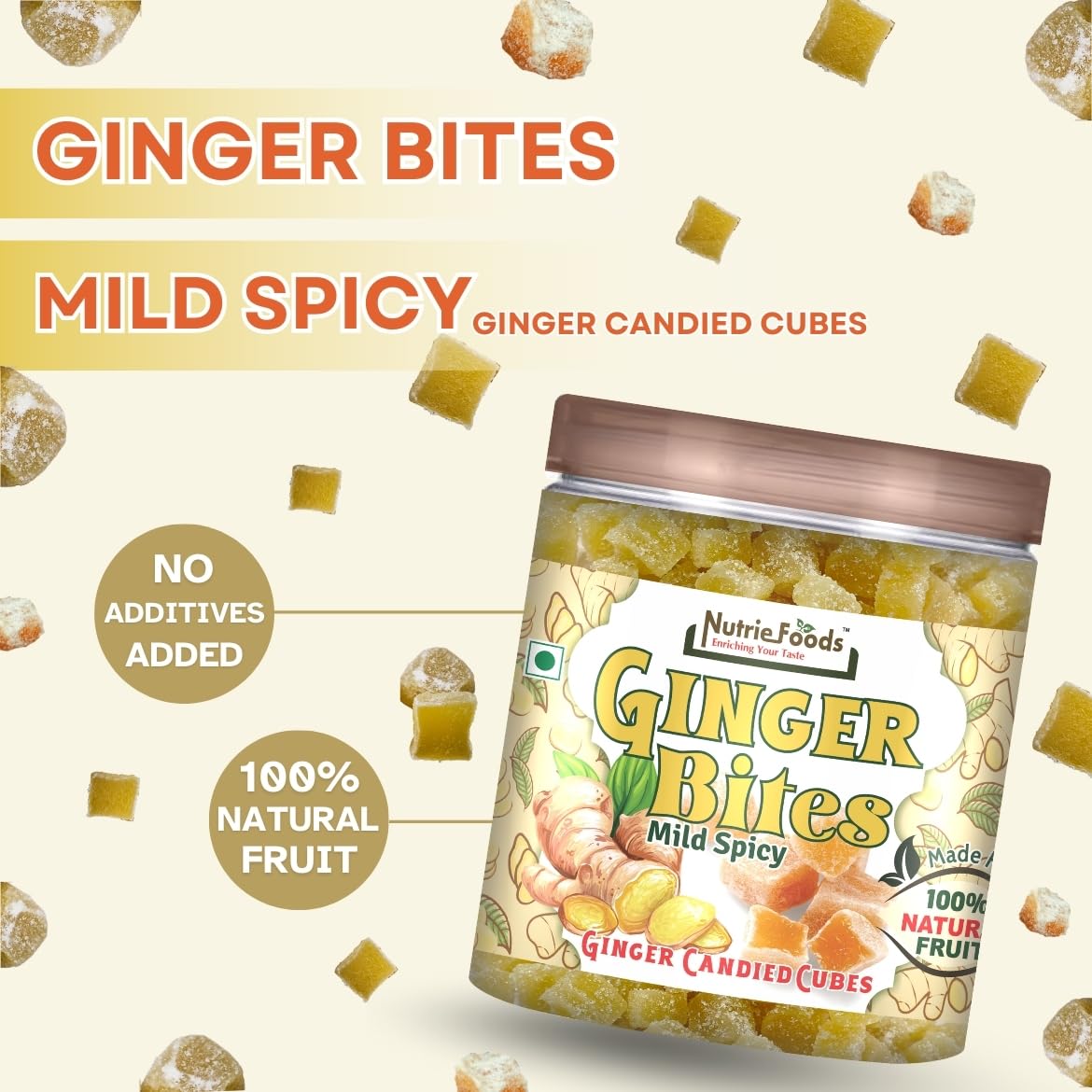 Ginger Bites | Ginger Candied Sweet & Mild Spicy Cubes | 100% Natural, No additives added | Original Flavor (250g)