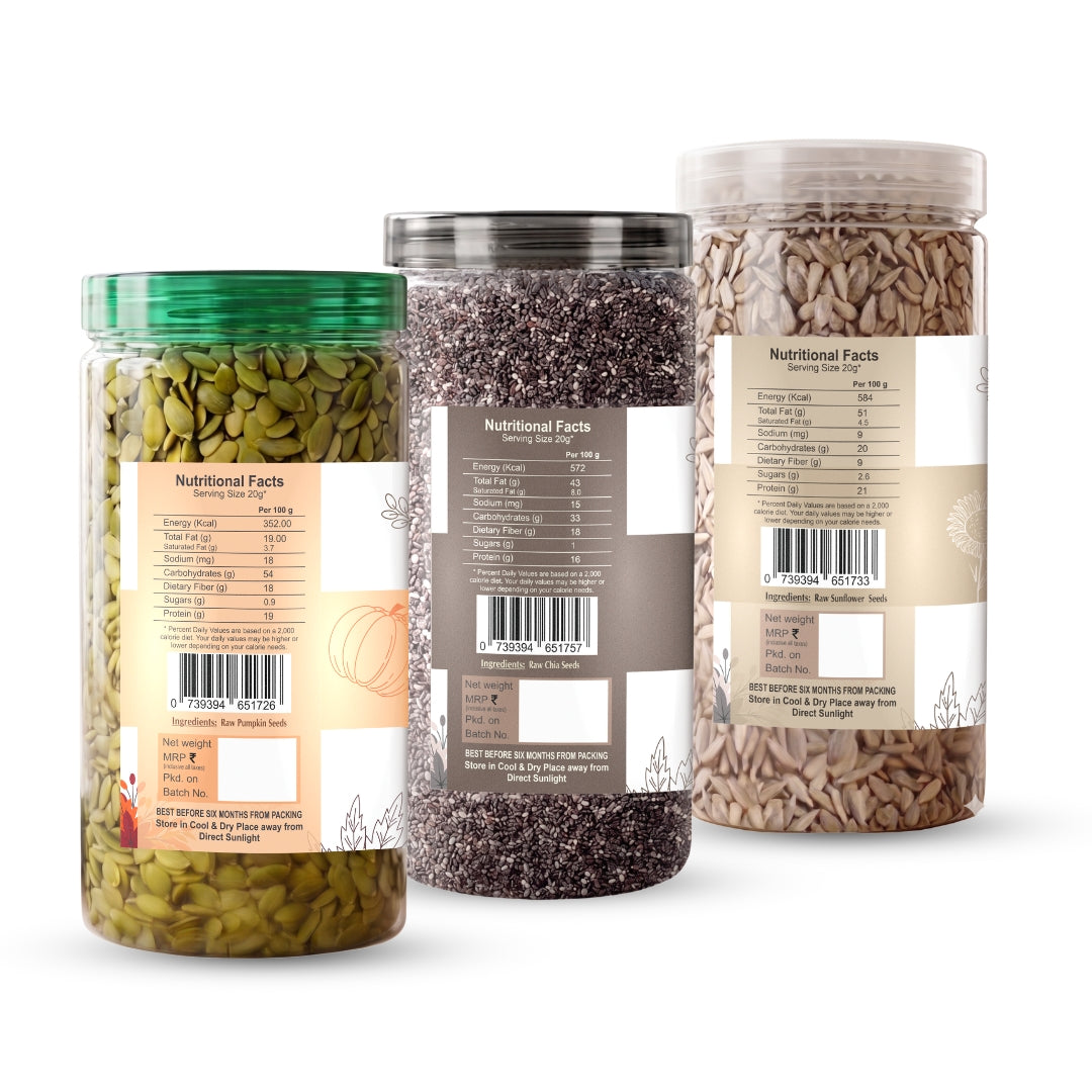 Nutriefoods Raw Pumpkin, Chia, and Sunflower Seeds Combo Pack Of 3 Seeds (600g)