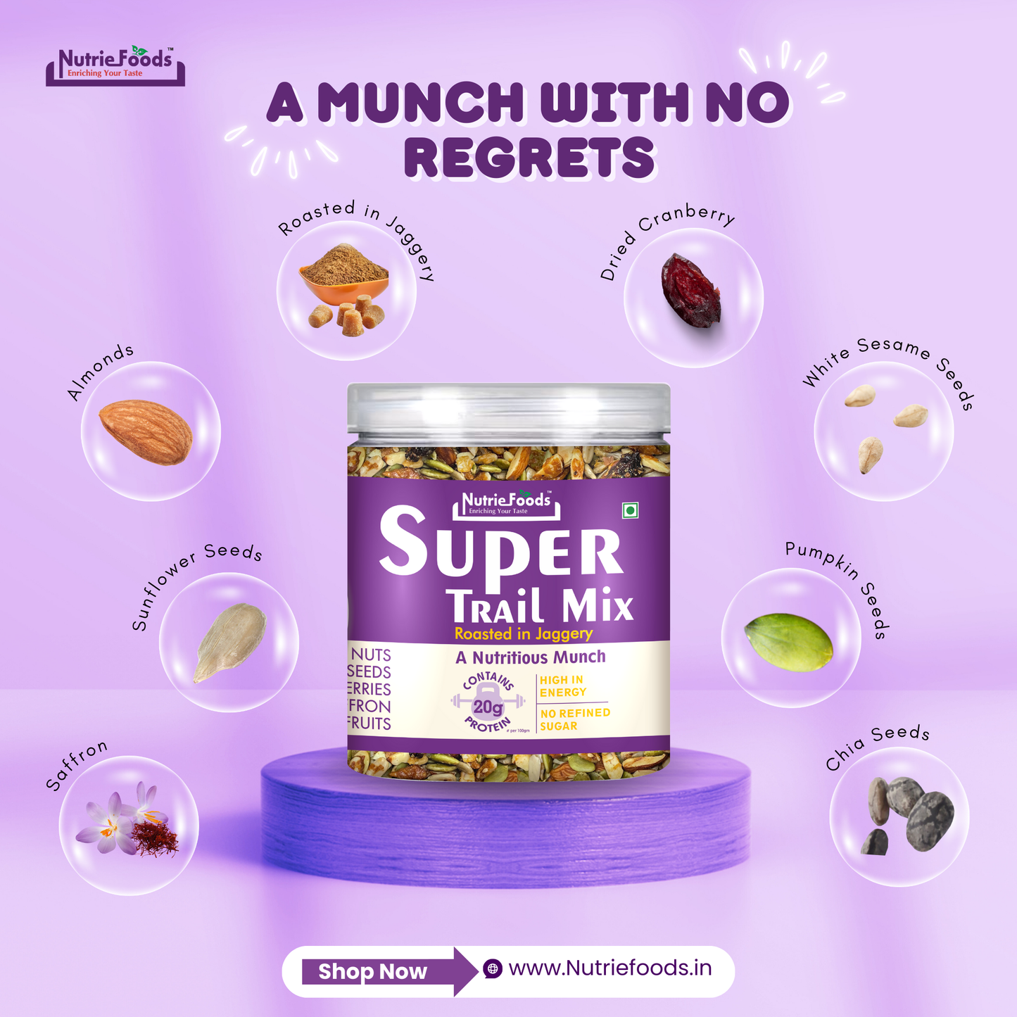 Nutriefoods Super Trail Mix (Mixed Dry Fruits), Roasted in Jaggery and Saffron with Blend of Berries, Dried Fruits, Seeds and Nuts