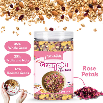 Nutriefoods Energy Booster Oat Meal (Granola) with Rose Petals | Blend of Oats, Berries, Dried Fruits, Nuts, and Seeds (400gm)