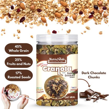 Nutriefoods Energy Booster Oat Meal (Granola) with No Added Sugar Dark Chocolate | Blend of Oats, Berries, Dried Fruits, Nuts, and Seeds (400gm)