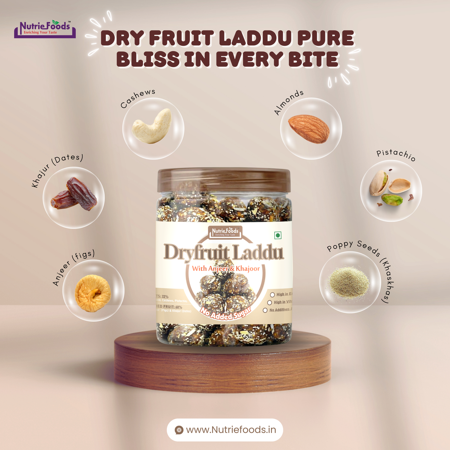 Nutriefoods Dry Fruit Laddu With Anjeer (Figs) And Khajur(Dates) | No Added Sugar (250Gm)