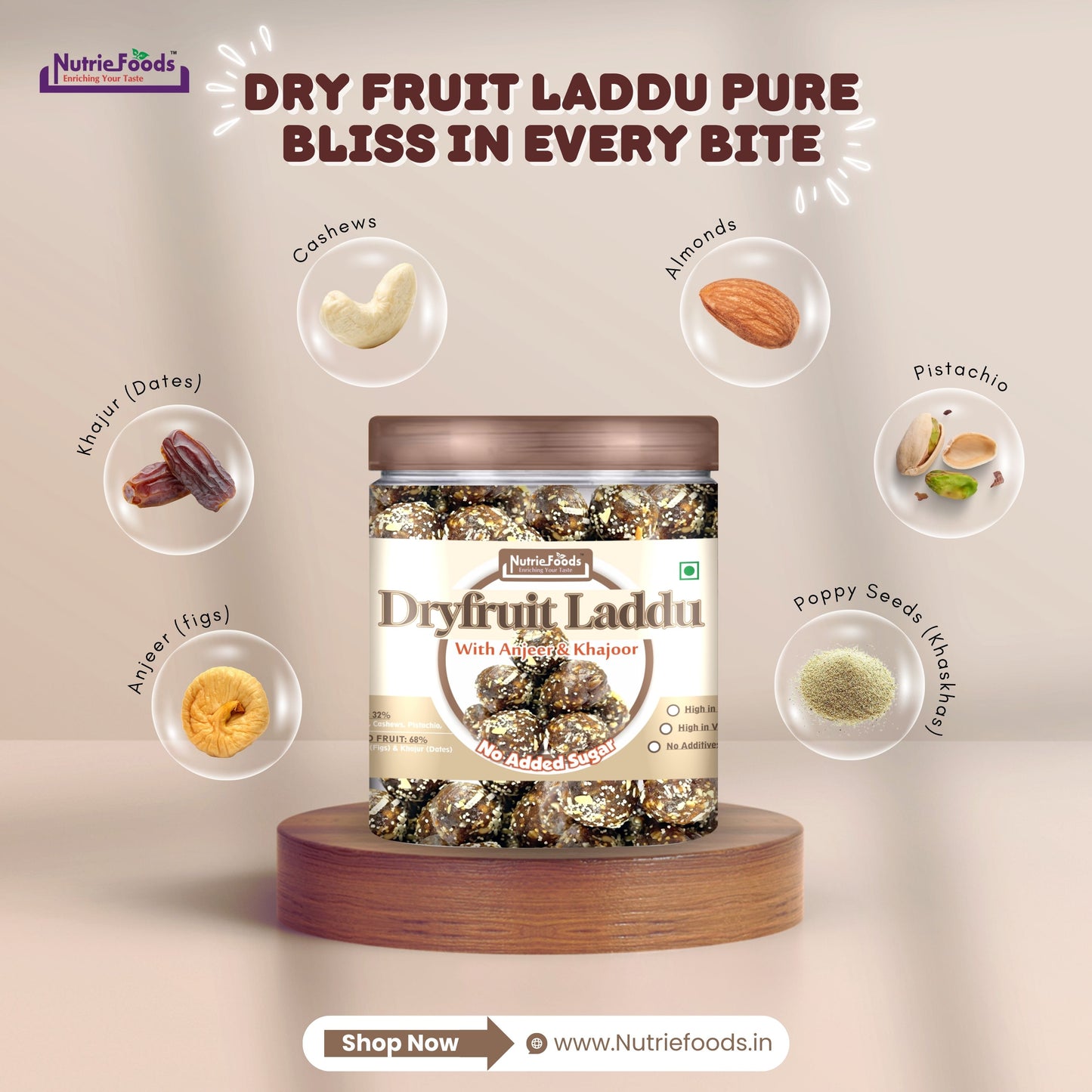 Nutriefoods Dry Fruit Laddu With Anjeer (Figs) And Khajur(Dates) | No Added Sugar (250Gm)