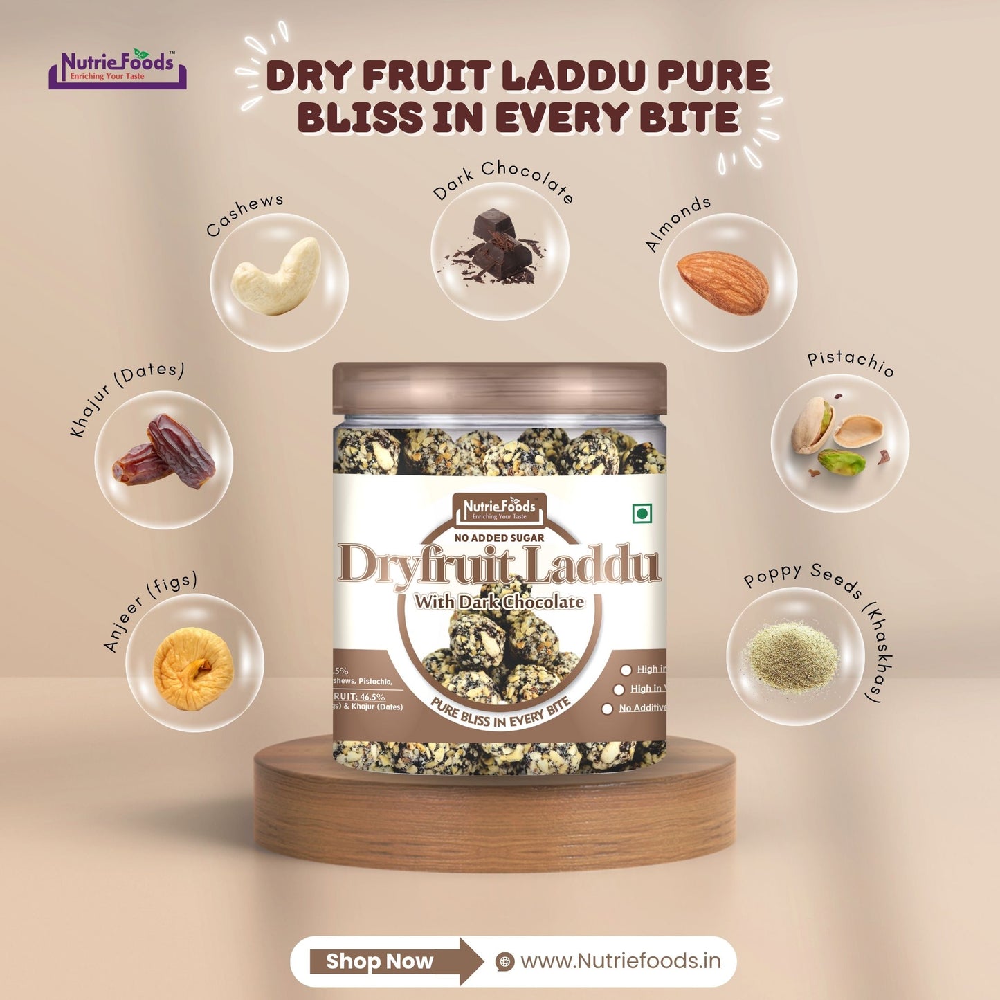 Nutriefoods Dry Fruit Laddu With Anjeer (Figs) And Khajur(Dates) | No Added Sugar (250Gm)