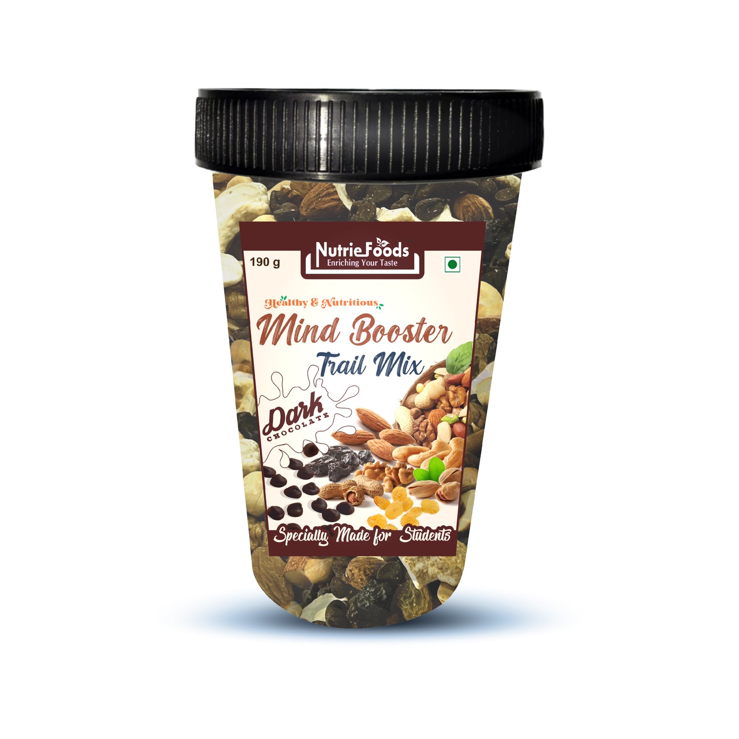 Nutriefoods Nutritious Mind Booster Roasted Snack Trail Mix With Dark Chocolate Chunks | Blend of Dried Fruits & Nuts (190gm)