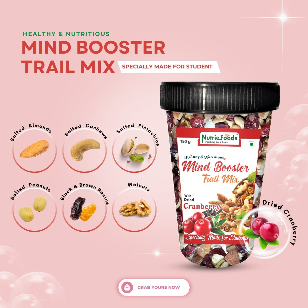 Nutriefoods Nutritious Mind Booster Roasted Snack Trail Mix With Dried Cranberries | Blend of Dried Fruits & Nuts (190gm)