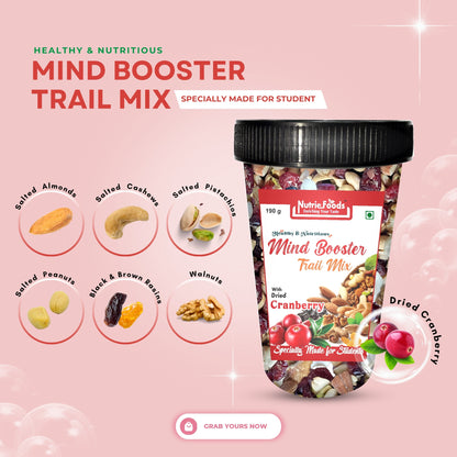 Nutriefoods Nutritious Mind Booster Roasted Snack Trail Mix With Dried Cranberries | Blend of Dried Fruits & Nuts (190gm)