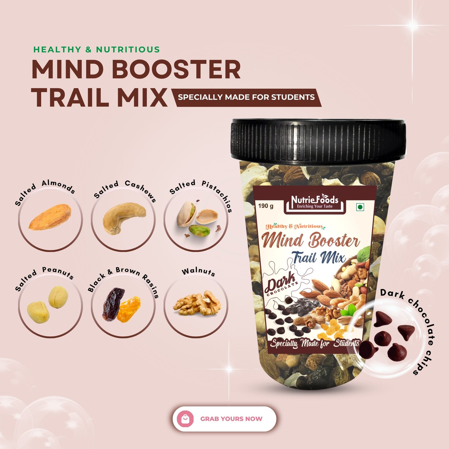 Nutriefoods Nutritious Mind Booster Roasted Snacks Trail Mix, Combo Pack of Dried Cranberries & Dark Chocolate Chips (380g)