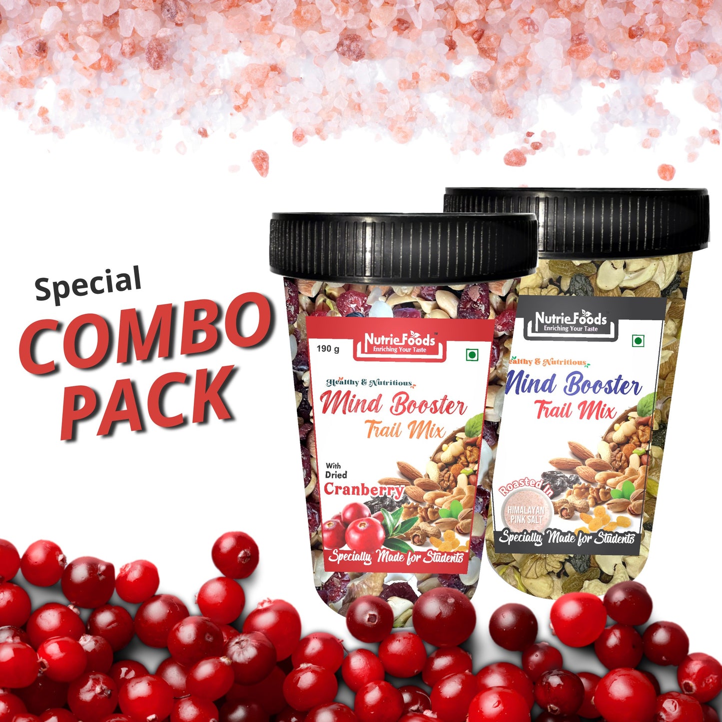 Nutriefoods Nutritious Mind Booster Roasted Snacks Trail Mix, Combo Pack of Dried Cranberries & Classic Salt (380g)