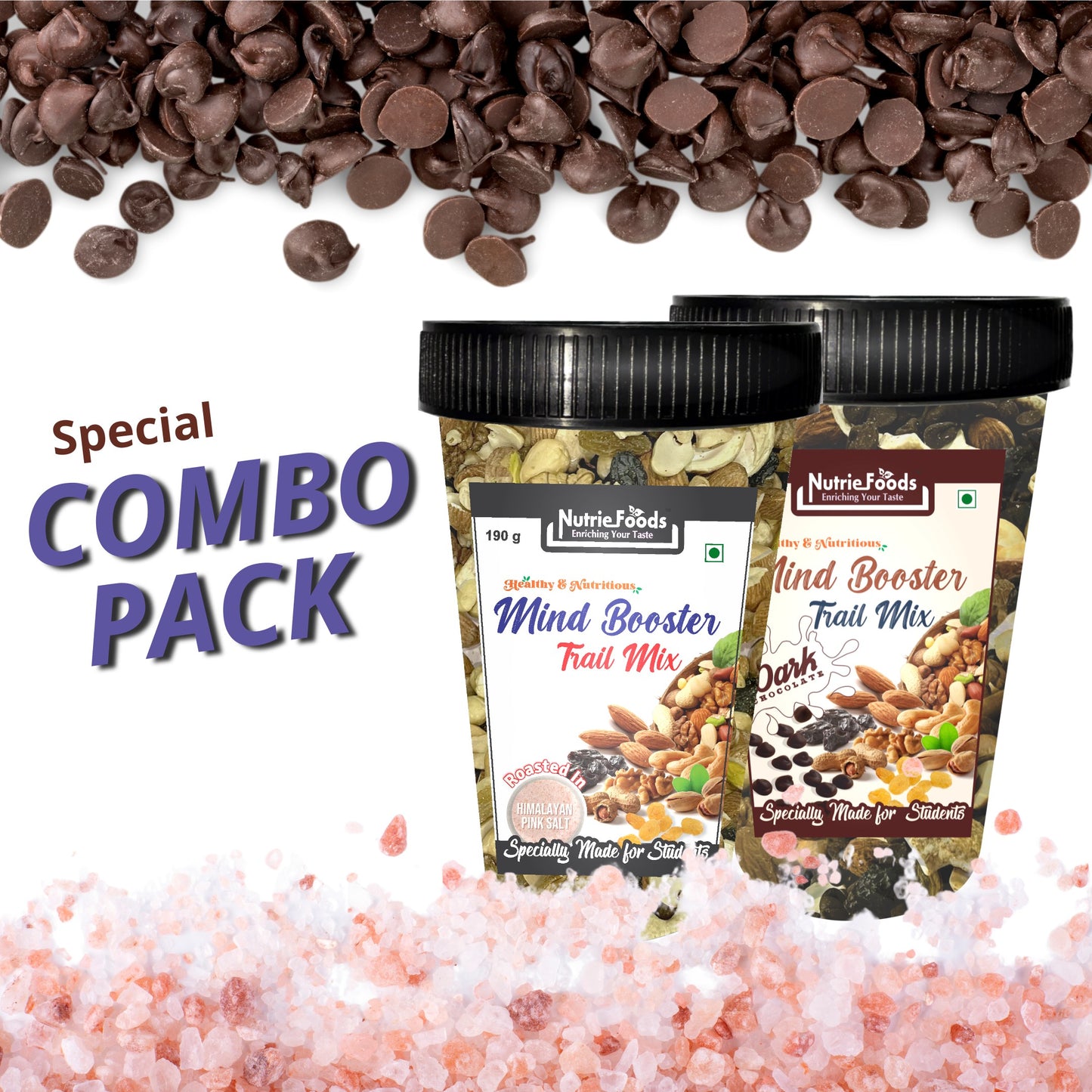 Nutriefoods Nutritious Mind Booster Roasted Snacks Trail Mix, Combo Pack of Classic- Roasted in Salt & Dark Chocolate Chips (380g)