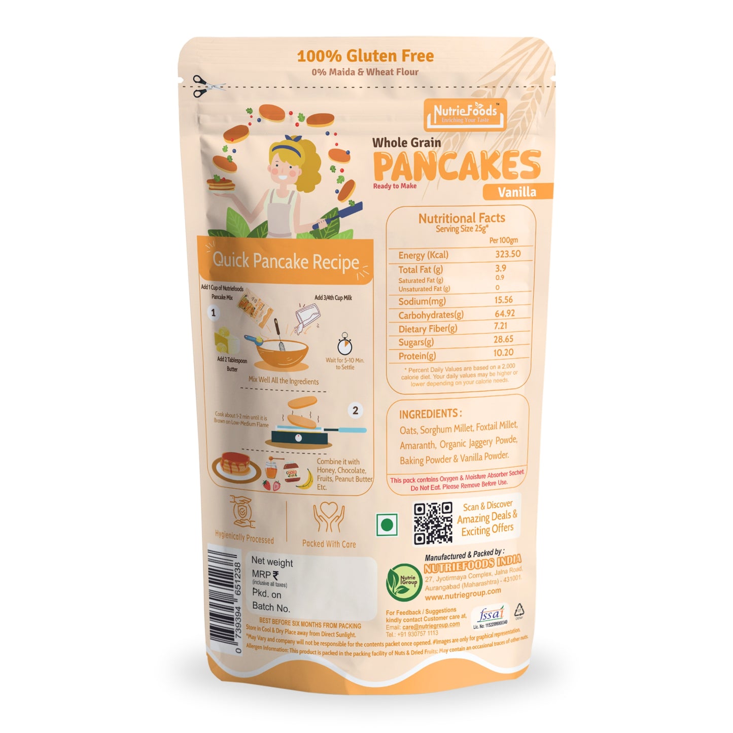 Nutriefoods Millet Pancakes Mix, 0% Maida, Contains Millets (46%)- Jawar, Amaranath and Foxtail; Oats (19%), Gluten Free,  Vanilla (150gm)