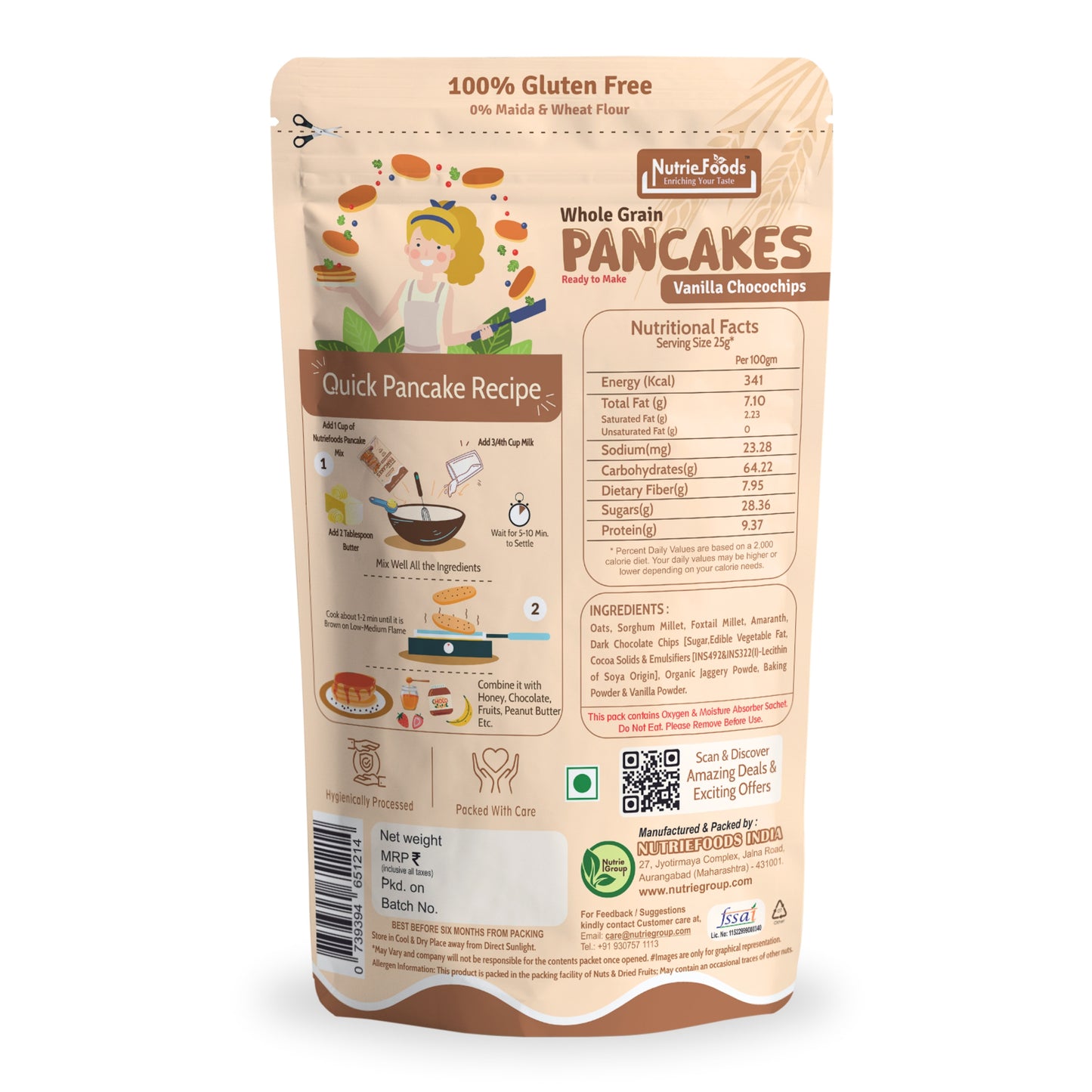 Nutriefoods Millet Pancakes Mix, 0% Maida, Contains Millets (46%)- Jawar, Amaranath and Foxtail; Oats (19%), Gluten Free,  Vanilla and Chocochips (150gm)