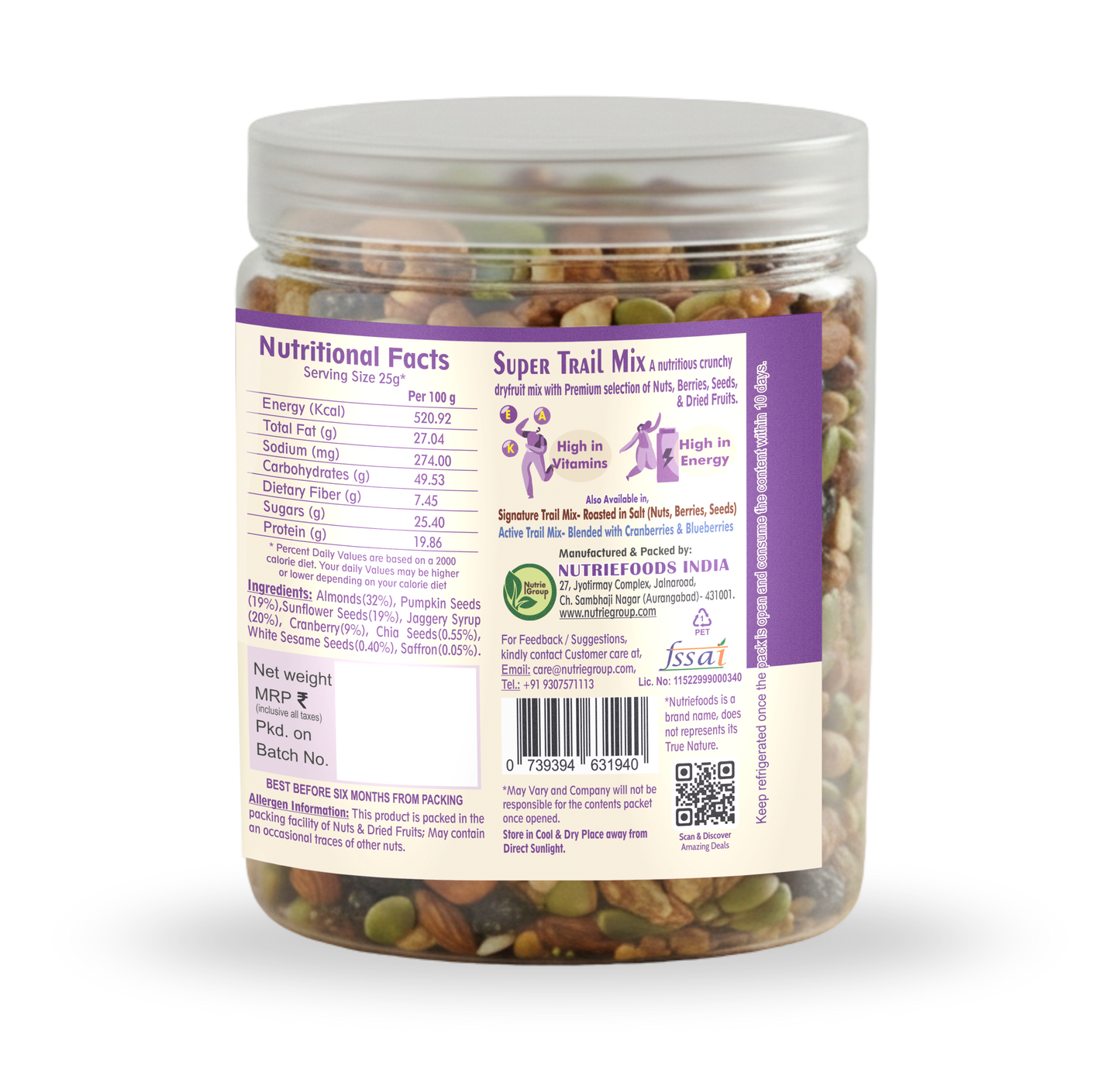 Nutriefoods Super Trail Mix (Mixed Dry Fruits), Roasted in Jaggery and Saffron with Blend of Berries, Dried Fruits, Seeds and Nuts