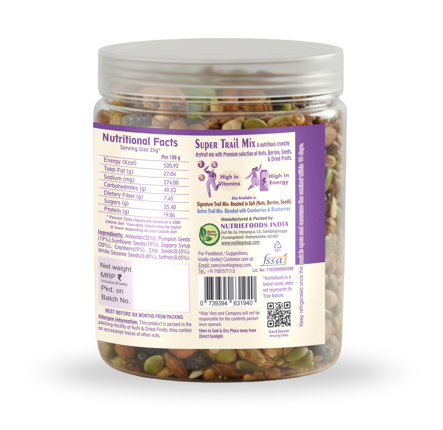Nutriefoods Super Trail Mix (Mixed Dry Fruits), Roasted in Jaggery and Saffron with Blend of Berries, Dried Fruits, Seeds and Nuts