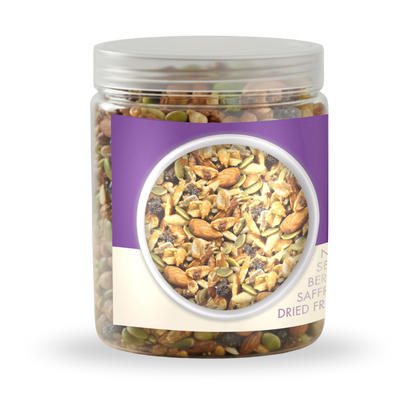 Nutriefoods Super Trail Mix (Mixed Dry Fruits), Roasted in Jaggery and Saffron with Blend of Berries, Dried Fruits, Seeds and Nuts