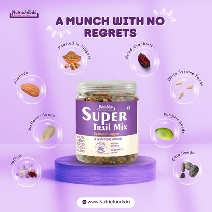 Nutriefoods Super Trail Mix (Mixed Dry Fruits), Roasted in Jaggery and Saffron with Blend of Berries, Dried Fruits, Seeds and Nuts