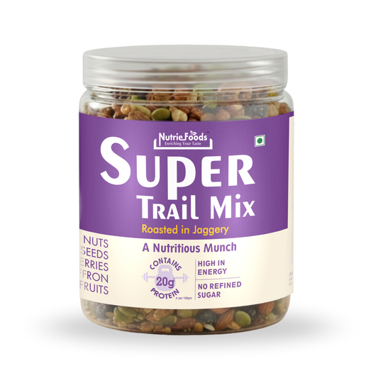 Nutriefoods Super Trail Mix (Mixed Dry Fruits), Roasted in Jaggery and Saffron with Blend of Berries, Dried Fruits, Seeds and Nuts