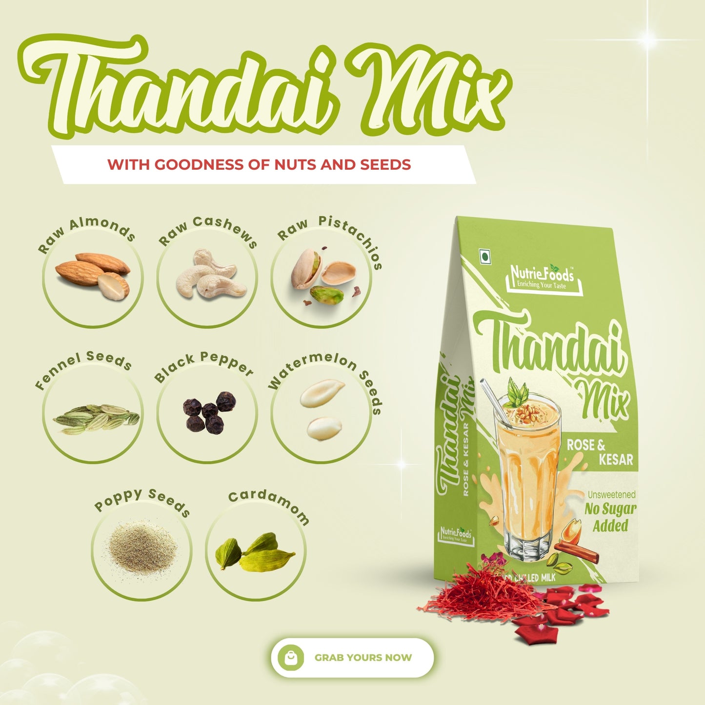 Thandai Mix- No Added Sugar | Instant Thandai Powder | With Goodness of Nuts and Seeds 200gm