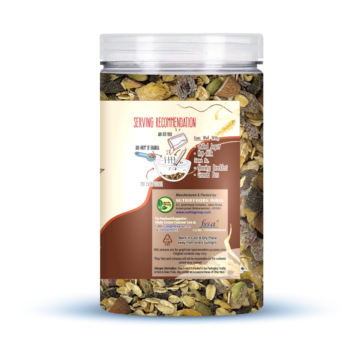 Nutriefoods Energy Booster Oat Meal (Granola) with No Added Sugar Dark Chocolate | Blend of Oats, Berries, Dried Fruits, Nuts, and Seeds (400gm)