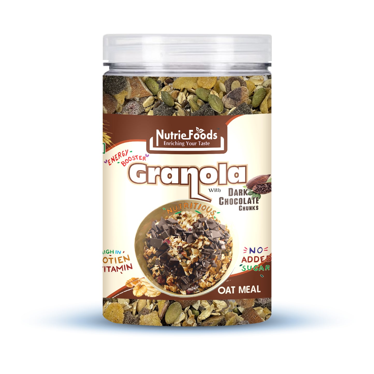 Nutriefoods Energy Booster Oat Meal (Granola) with No Added Sugar Dark Chocolate | Blend of Oats, Berries, Dried Fruits, Nuts, and Seeds (400gm)