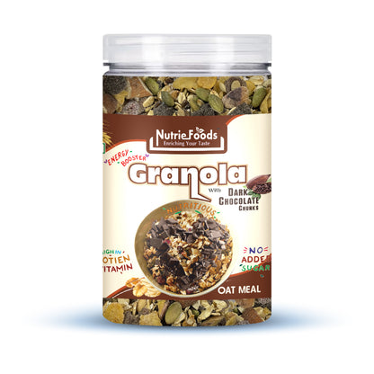 Nutriefoods Energy Booster Oat Meal (Granola) with No Added Sugar Dark Chocolate | Blend of Oats, Berries, Dried Fruits, Nuts, and Seeds (400gm)