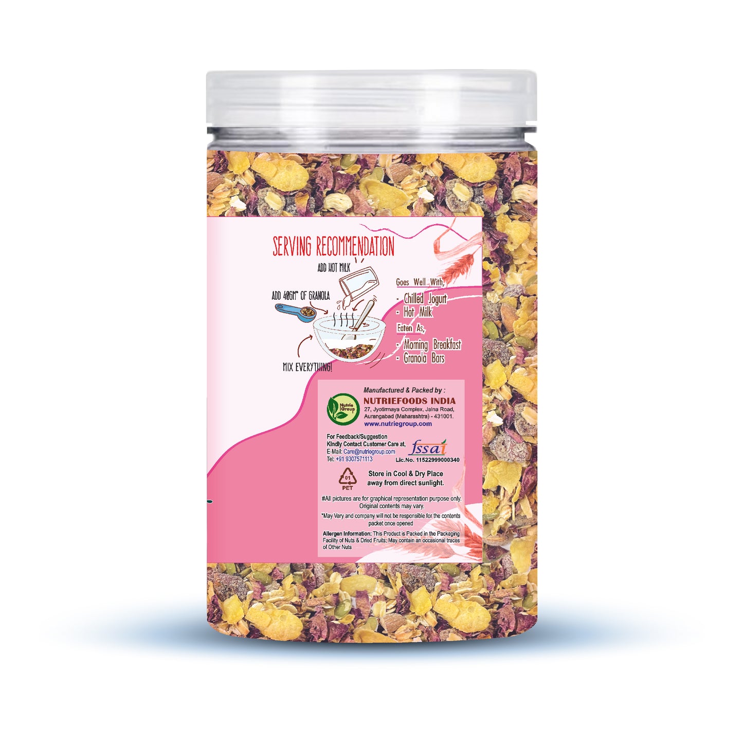 Nutriefoods Energy Booster Oat Meal (Granola) with Rose Petals | Blend of Oats, Berries, Dried Fruits, Nuts, and Seeds (400gm)